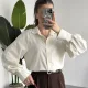 Kadın Ekru Oversize Modal Tensel Kumaş Gömlek Uzun Kollu Salaş Kesim Düğmeli Günlük Şık Gömlek