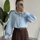 Kadın Açık Mavi Oversize Modal Tensel Kumaş Gömlek Uzun Kollu Salaş Kesim Düğmeli Günlük Şık Gömlek
