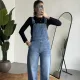 Kadın Mavi Yıkamalı Jean Tulum Askılı Denim Salopet Pantolon Günlük Rahat Şık Tulum