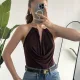 Kadın Kahverengi Gold Boyun Gold Aksesuarlı Drapeli Sırt Dekolteki Şık Candy BodySuit Bluz