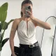 Kadın Beyaz Gold Boyun Gold Aksesuarlı Drapeli Sırt Dekolteki Şık Candy BodySuit Bluz