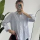 Kadın İnce Mavii Çizgili Oversize Bel Hızası Salaş Kesim Uzun Kollu Ofis Gömlek
