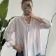 Kadın Kalın Pembe Çizgili Oversize Bel Hızası Salaş Kesim Uzun Kollu Ofis Gömlek