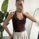Kadın Kahverengi Dantel Detaylı Askılı ZR Bodysuit – İnce Askı, V Yaka, Şık & Günlük Bluz