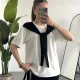 Kadın Beyaz Şal Detaylı Oversize Basic Kadın Tişört Bluz Siyah Bağlamalı Casual Model