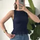 Kadın Lacivert Gipeli Kolsuz Bluz Bisiklet Yaka Esnek Fit Yazlık Crop Bluz