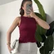 Kadın Bordo Gipeli Kolsuz Bluz Bisiklet Yaka Esnek Fit Yazlık Crop Bluz