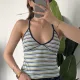 Kadın Mavi Sarı Çizgili Boyundan Bağlamalı Askılı Atlet Bluz Body