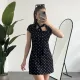 Kadın Siyah Puantiyeli Fular Yaka Mini Elbise