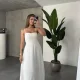 Beyaz İp Askılı Gipeli Jessica Astarlı Maxi Elbise