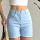 Kadın Açık Mavi Yüksek Bel Jean Likralı Esnek Şort – Basic Denim Şort Günlük Rahat Kalıp Yazlık Kot Şort