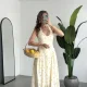 Kadın Beyaz Limon Desenli Sırt Dekolteli Halter Yaka Midi Elbise Yazlık Viskon Astarlı Günlük Tatil Elbisesi