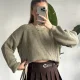 Kadın Haki Bisiklet Yaka Selanik Örgü Crop Triko Kazak Dökümlü Kol Kazak