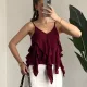 Kadın Bordo Volan Detaylı Askılı Bluz Salaş Şifon Görünümlü Fırfırlı Bluz
