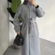Kadın Gri Dik Yaka Kemerli Kaşe Kaban Uzun Kışlık