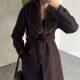 Kadın Kahverengi Kuşaklı Kürk Yakalı Kaşe Kaban