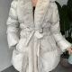 Kadın Krem Kırık Beyaz Kemerli Kürk Yaka Şişme Mont Krem Kışlık