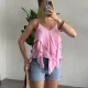 Kadın Pembe Volan Detaylı Askılı Bluz Salaş Şifon Görünümlü Fırfırlı Bluz