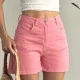 Kadın Pembe Yüksek Bel Jean Likralı Esnek Şort – Basic Denim Şort Günlük Rahat Kalıp Yazlık Kot Şort