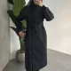 Kadın Siyah Dik Yaka Kemerli Kaşe Kaban Uzun Kışlık