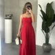 Kırmızı İp Askılı Gipeli Jessica Astarlı Maxi Elbise