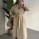Krem Kruvaze Oversize Premium Kalite Kuşaklı Tam Boy Uzun Kaşe Mont