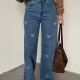 Mavi Beyaz Fiyonk İşlemeli Yıkamalı Baggy Geniş Paça Yüksek Bel Oturtmalı Jean Kot Pantolon