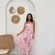 Pembe Çiçek Desenli Straplez Tül Elbise