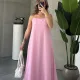 Pembe İp Askılı Tam Boy Rahat Kalıp Cepli Keten Elbise