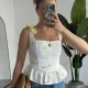 Sarı Çiçek Nakışlı Fisto Bluz Kadın Bağlama Askılı Kare Yaka Peplum Crop Bluz Yazlık Şık Casual Top