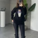 Siyah Bisiklet Yaka Ayıcık İşlemeli Oversize Uzun Triko Kazak