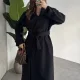 Siyah Kruvaze Oversize Premium Kalite Kuşaklı Tam Boy Uzun Kaşe Mont