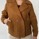Taba Kısa Kruvaze Oversize Astarlı Cepli Kaşe Ceket Mont