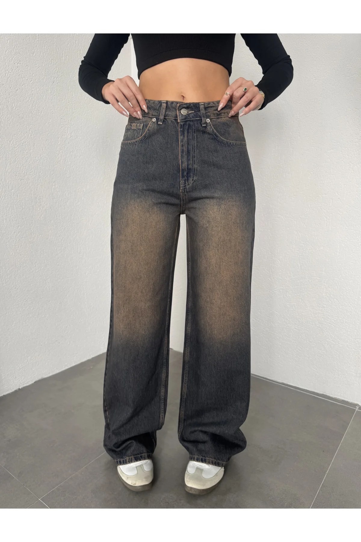 Kahve Yıkamalı Süper Baggy Ektra Geniş Paça Yüksek Bel Jean Kot Pantolon