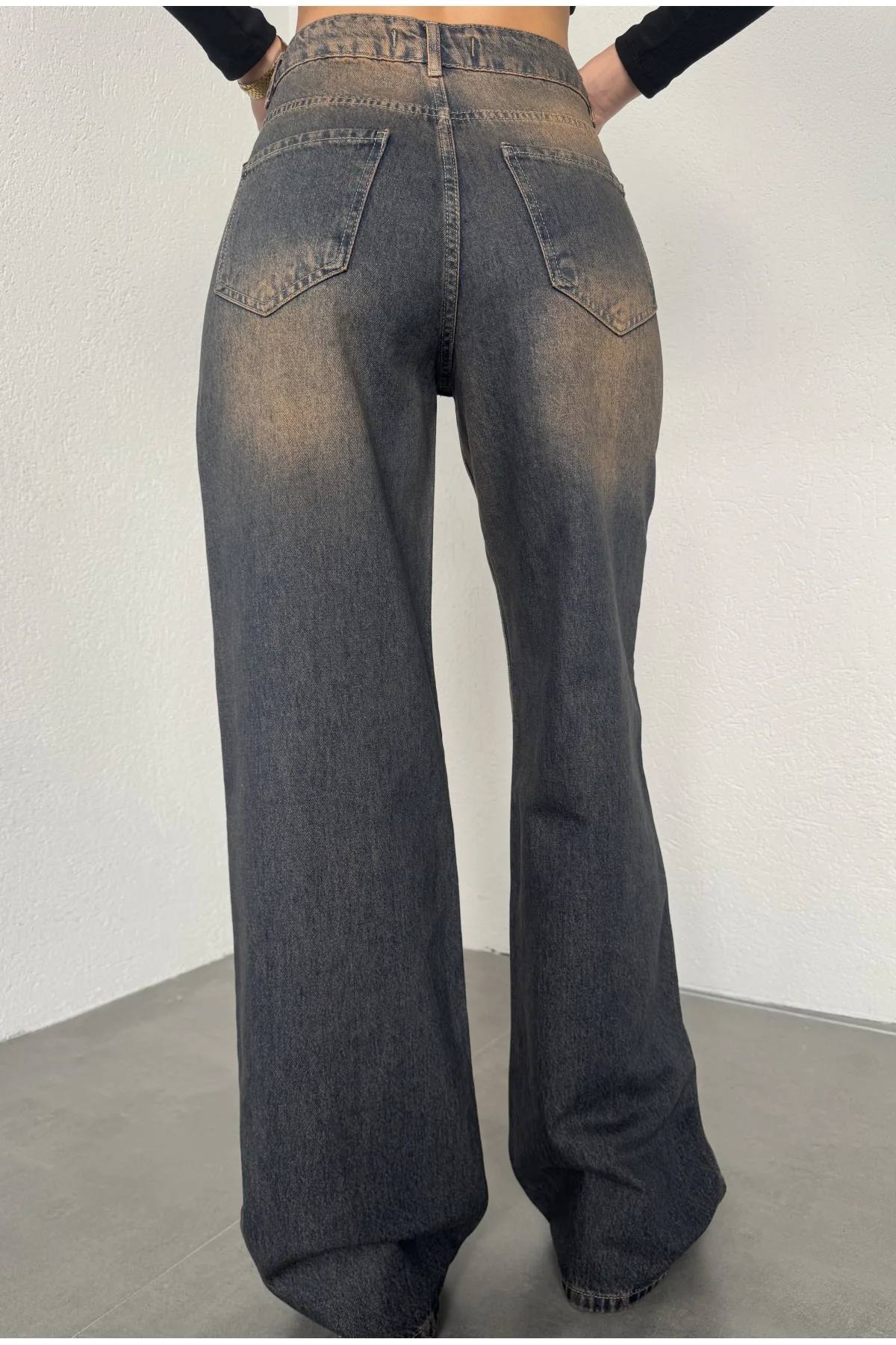 Kahve Yıkamalı Süper Baggy Ektra Geniş Paça Yüksek Bel Jean Kot Pantolon