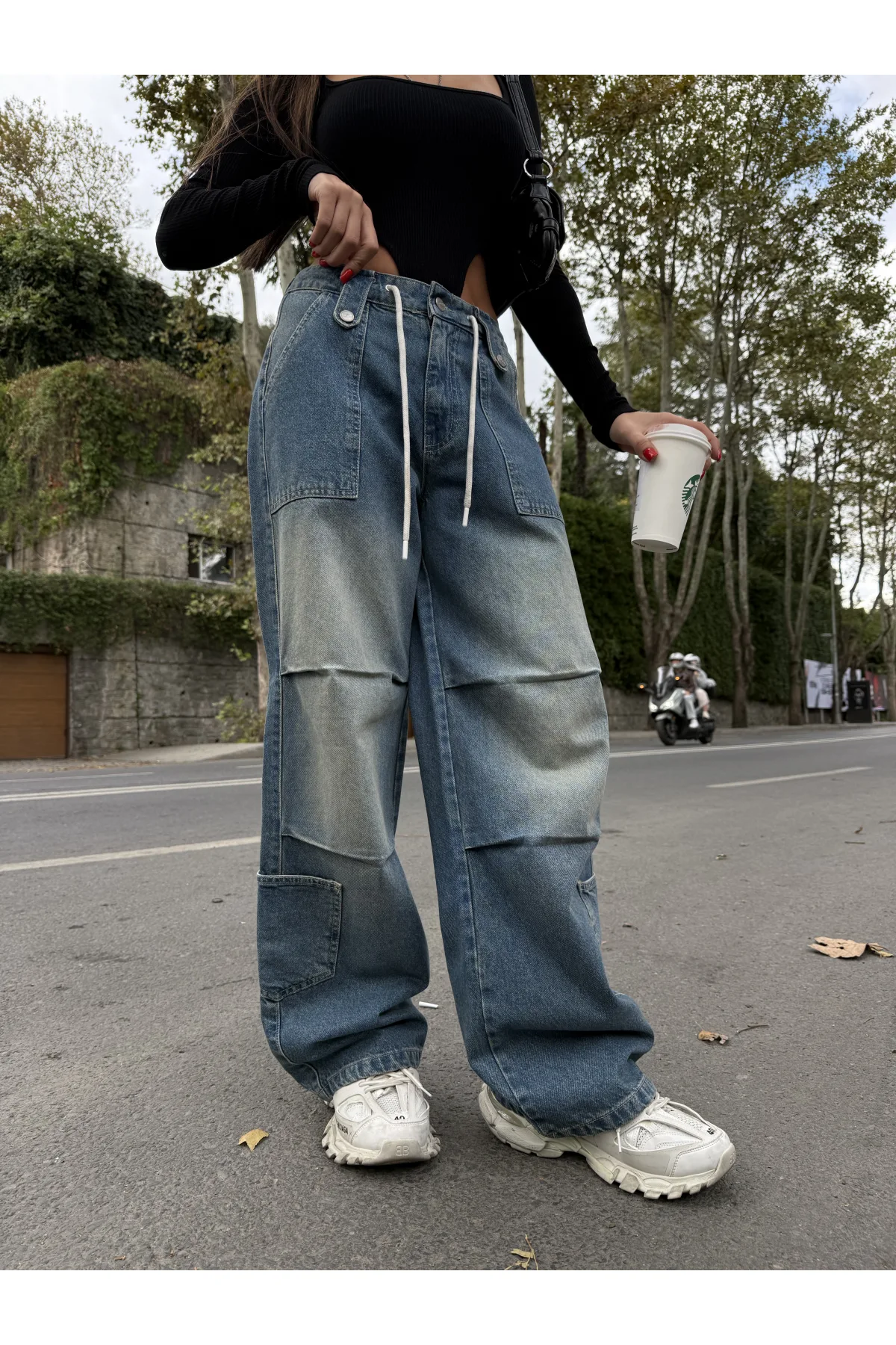 Mavi Çok Cepli Retro İpli Yıkamalı Baggy Geniş Paça Yüksek Bel Oturtmalı Jean Kot Pantolon