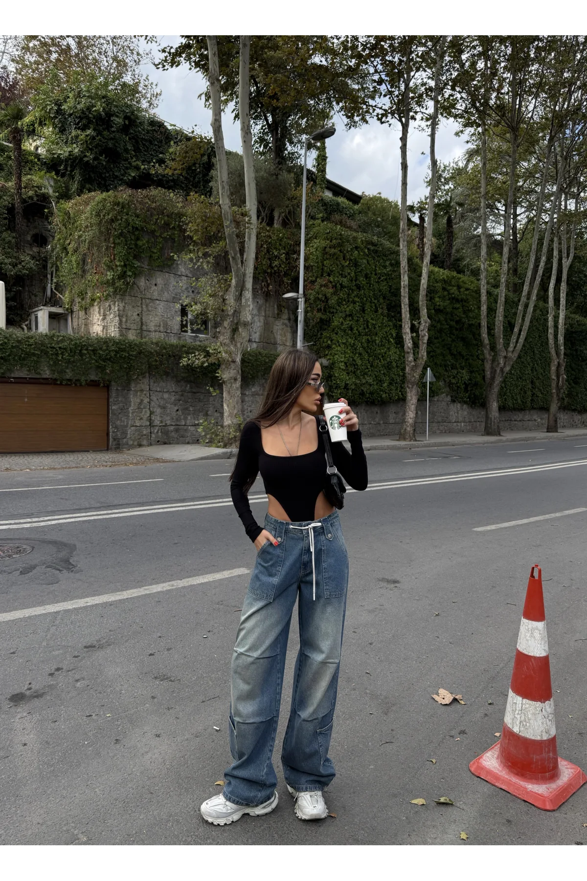 Mavi Çok Cepli Retro İpli Yıkamalı Baggy Geniş Paça Yüksek Bel Oturtmalı Jean Kot Pantolon