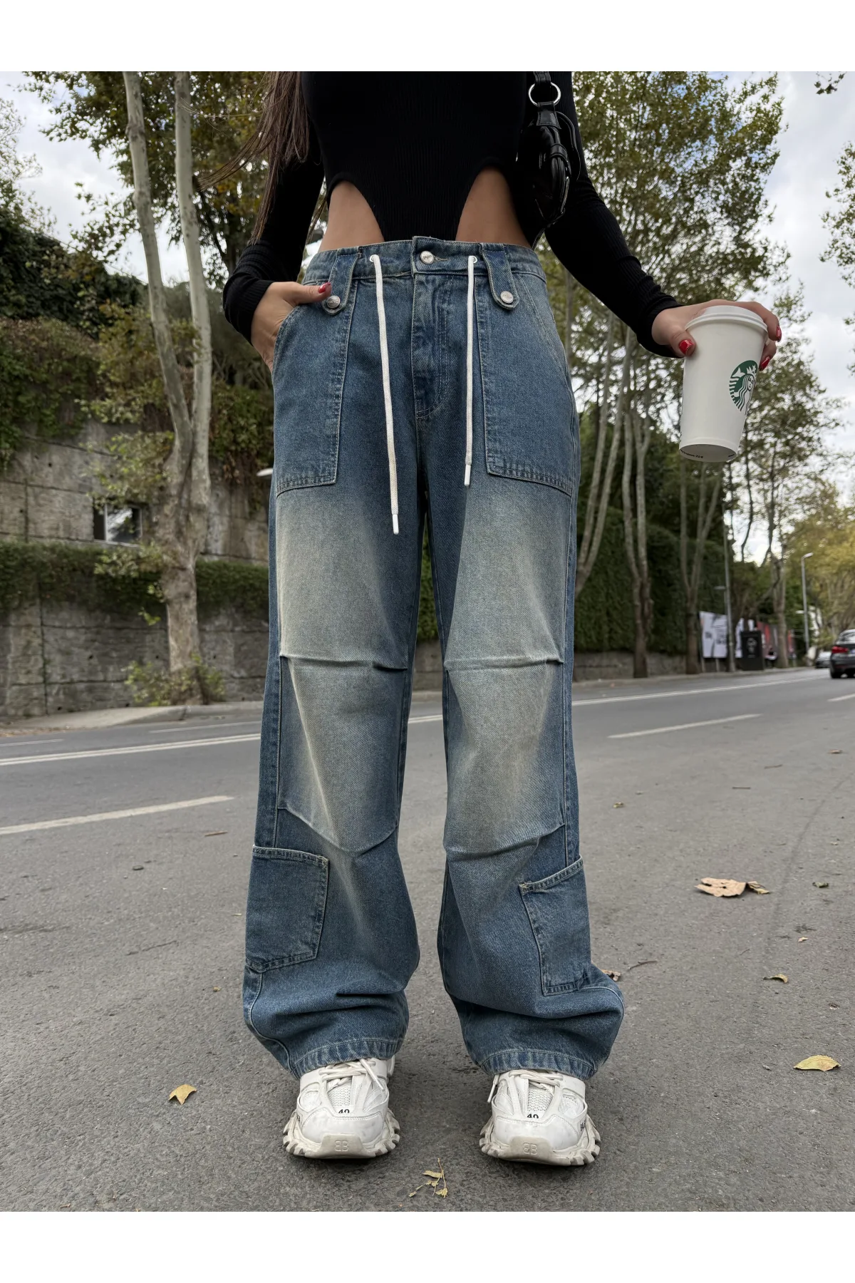 Mavi Çok Cepli Retro İpli Yıkamalı Baggy Geniş Paça Yüksek Bel Oturtmalı Jean Kot Pantolon