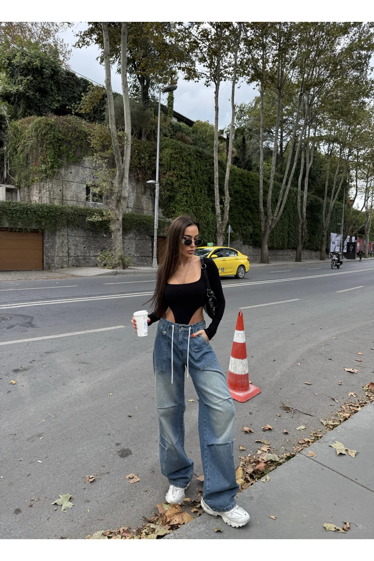 Mavi Çok Cepli Retro İpli Yıkamalı Baggy Geniş Paça Yüksek Bel Oturtmalı Jean Kot Pantolon