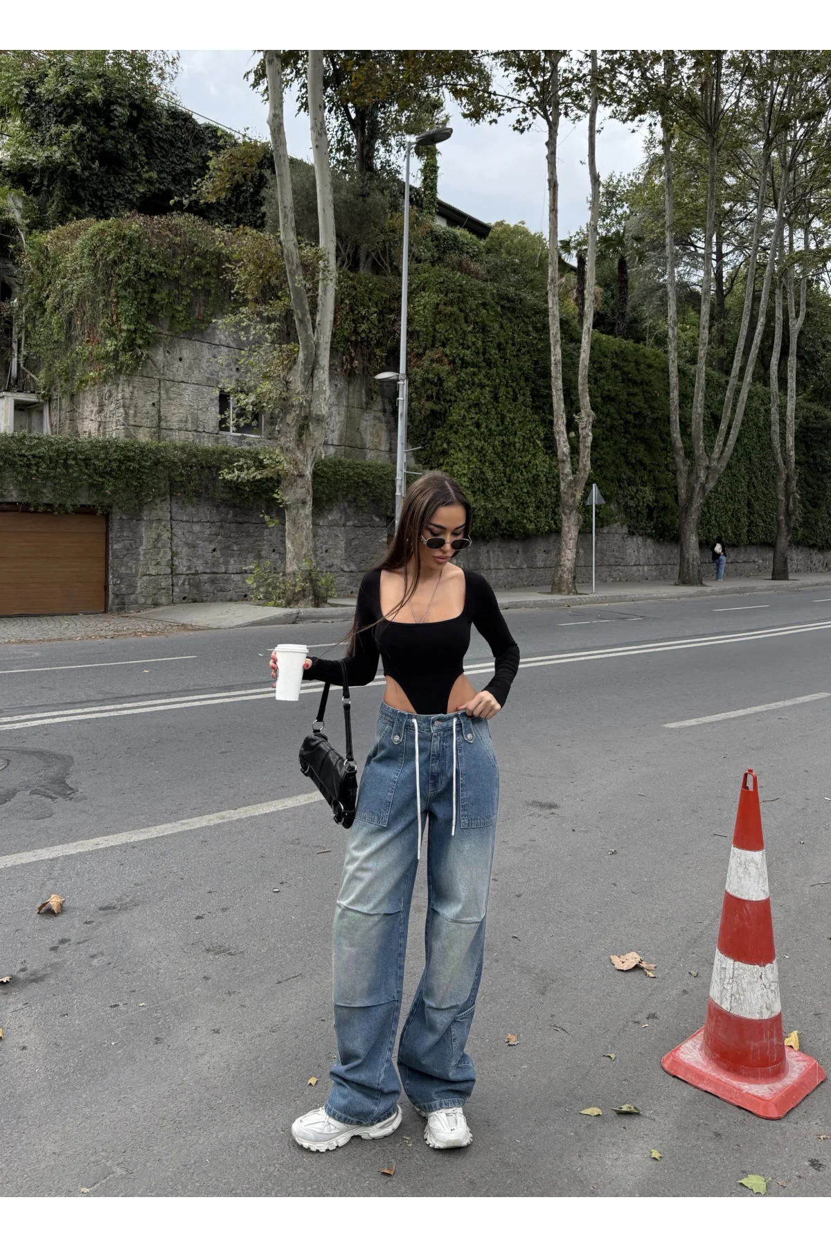 Mavi Çok Cepli Retro İpli Yıkamalı Baggy Geniş Paça Yüksek Bel Oturtmalı Jean Kot Pantolon