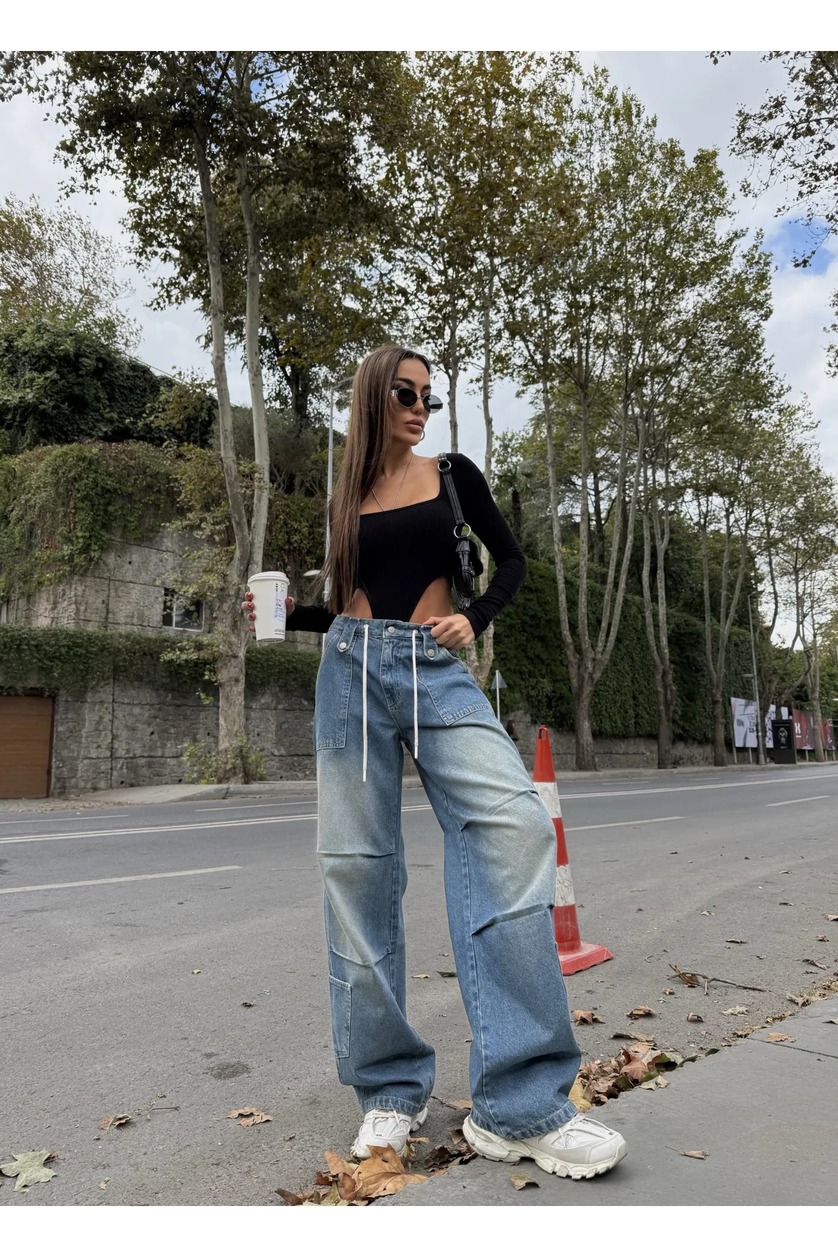 Mavi Çok Cepli Retro İpli Yıkamalı Baggy Geniş Paça Yüksek Bel Oturtmalı Jean Kot Pantolon