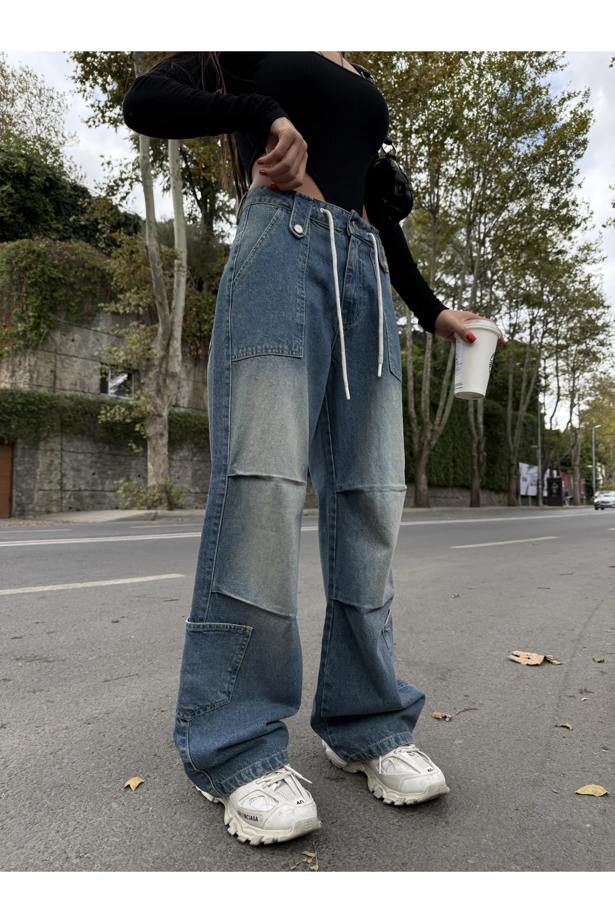 Mavi Çok Cepli Retro İpli Yıkamalı Baggy Geniş Paça Yüksek Bel Oturtmalı Jean Kot Pantolon