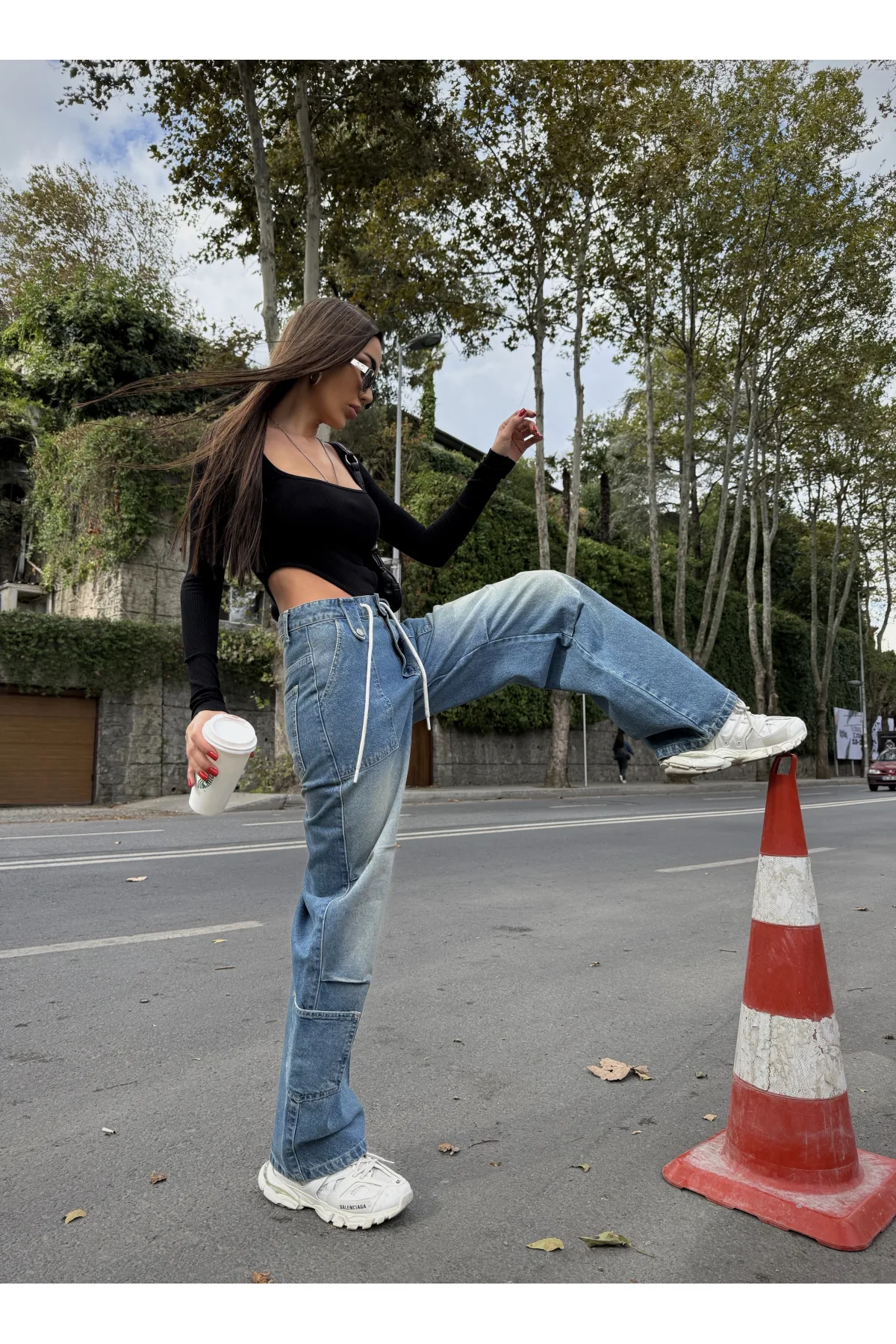 Mavi Çok Cepli Retro İpli Yıkamalı Baggy Geniş Paça Yüksek Bel Oturtmalı Jean Kot Pantolon