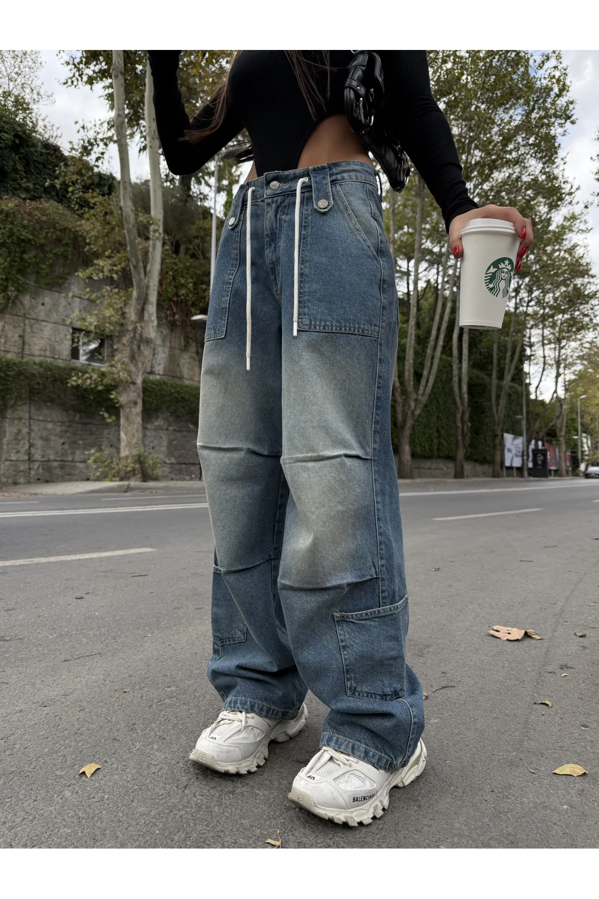 Mavi Çok Cepli Retro İpli Yıkamalı Baggy Geniş Paça Yüksek Bel Oturtmalı Jean Kot Pantolon