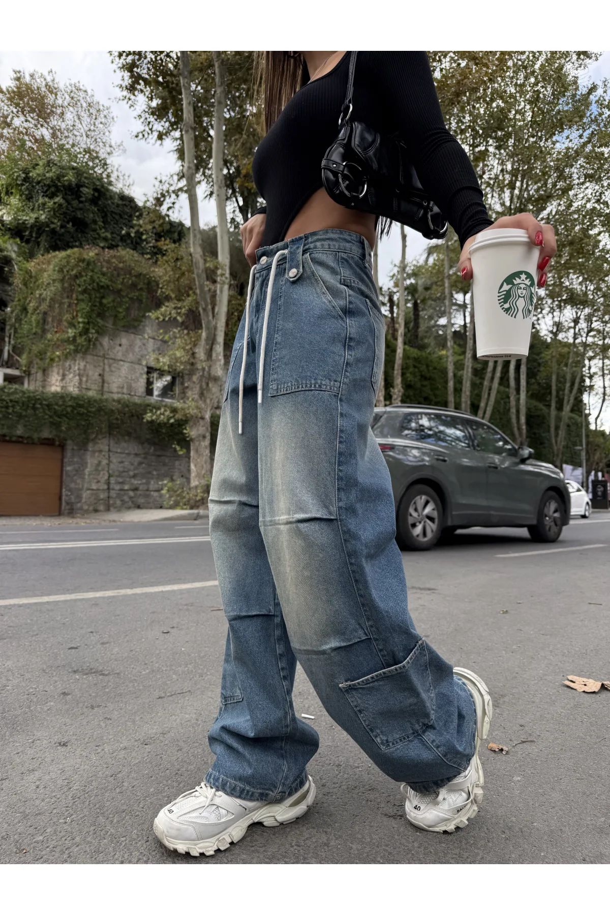 Mavi Çok Cepli Retro İpli Yıkamalı Baggy Geniş Paça Yüksek Bel Oturtmalı Jean Kot Pantolon