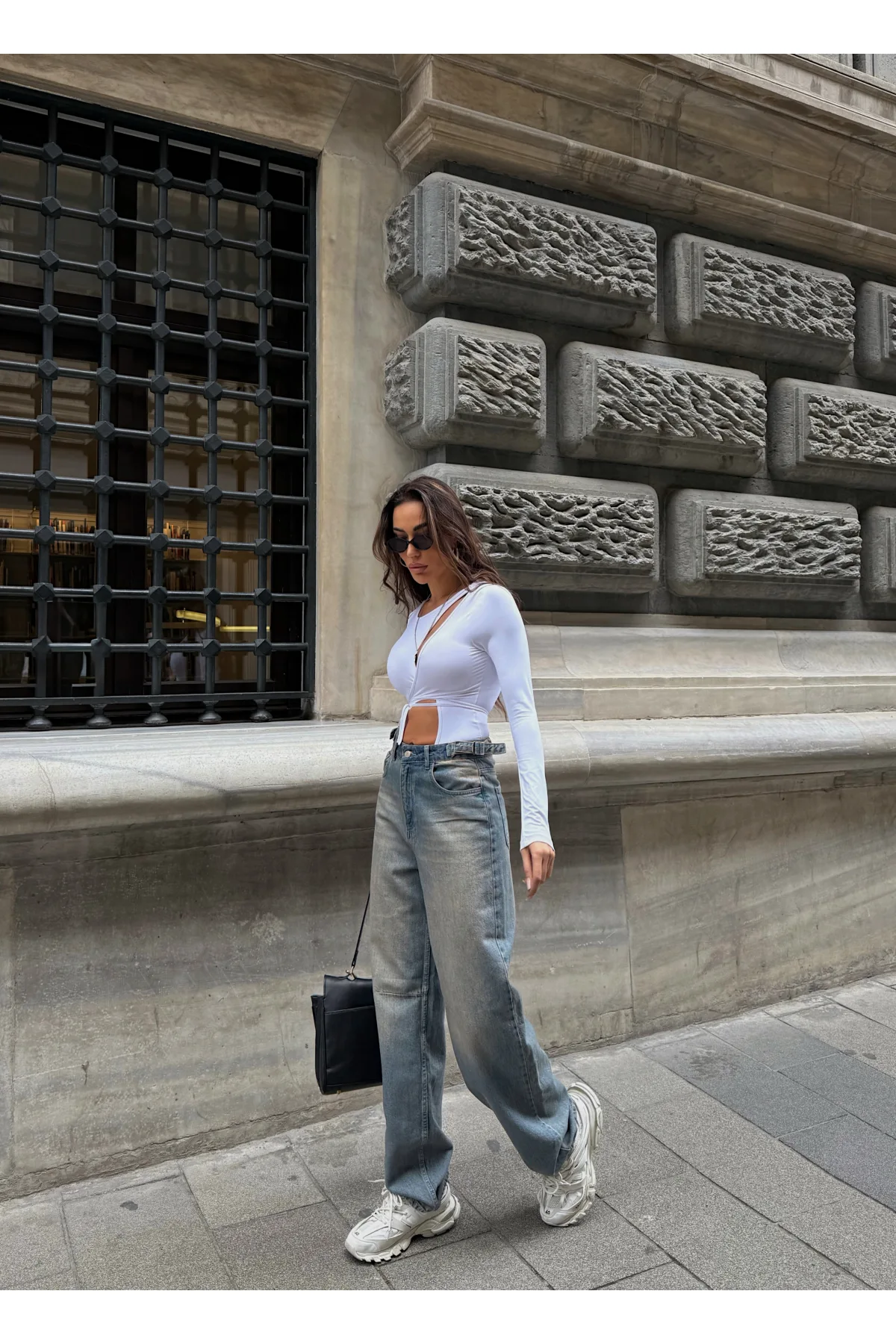 Mavi Kemerinde Tokalı Yeşil Yıkamalı Baggy Geniş Paça Yüksek Bel Oturtmalı Jean Kot Pantolon