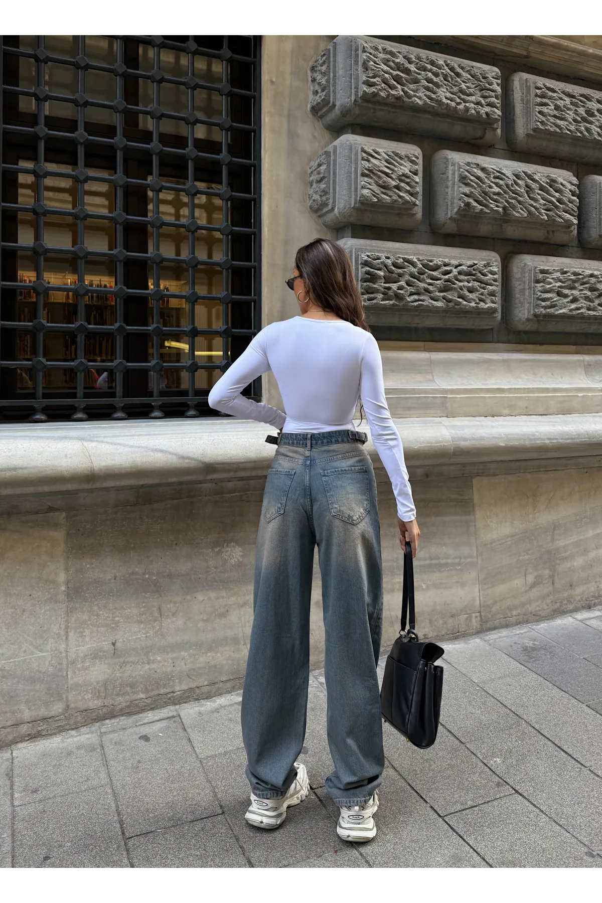 Mavi Kemerinde Tokalı Yeşil Yıkamalı Baggy Geniş Paça Yüksek Bel Oturtmalı Jean Kot Pantolon