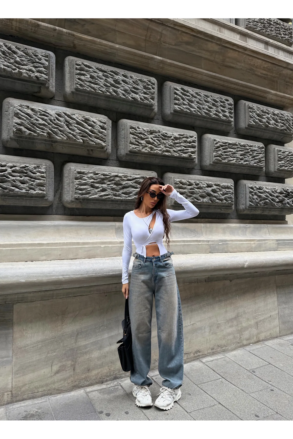 Mavi Kemerinde Tokalı Yeşil Yıkamalı Baggy Geniş Paça Yüksek Bel Oturtmalı Jean Kot Pantolon