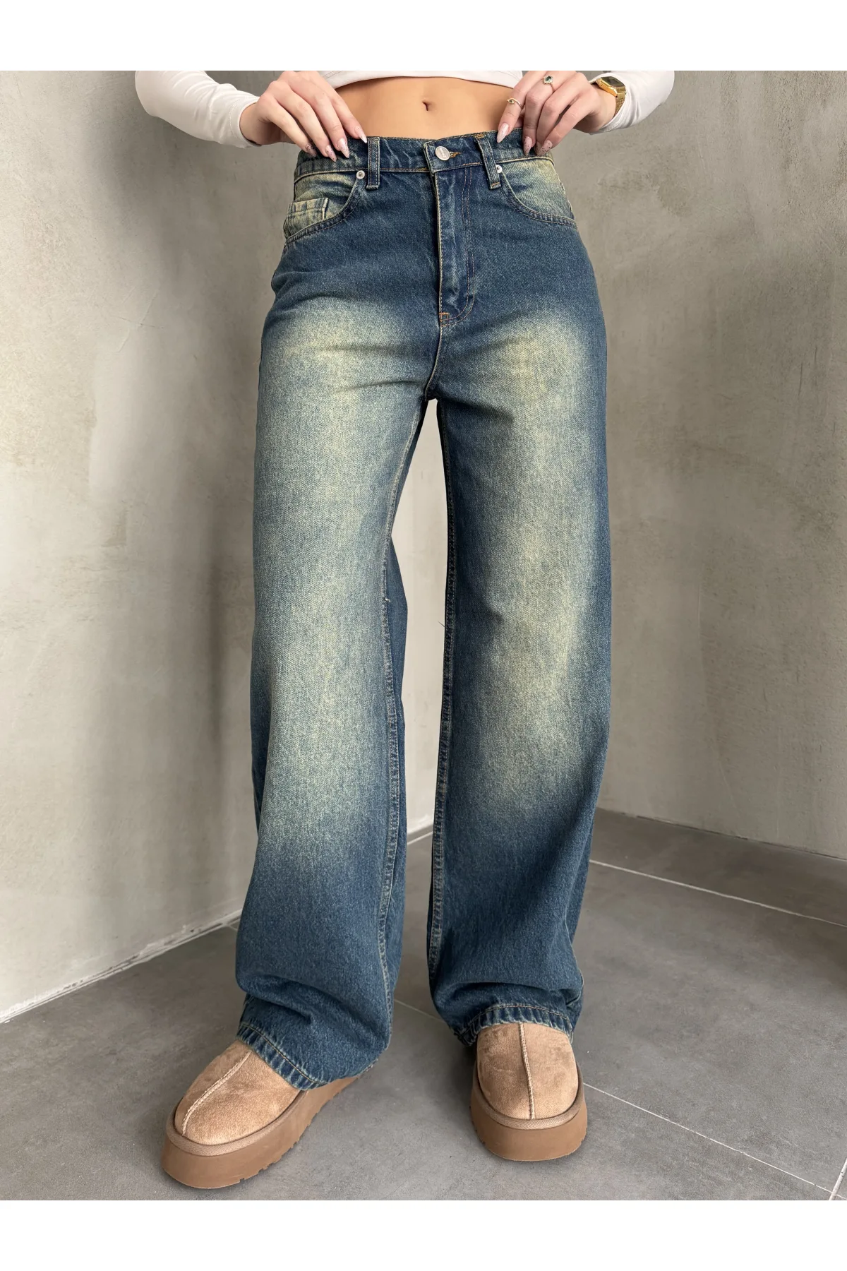 Mavi Yeşil Yıkamalı Baggy Geniş Paça Yüksek Bel Wide Leg Jean Kot Pantolon