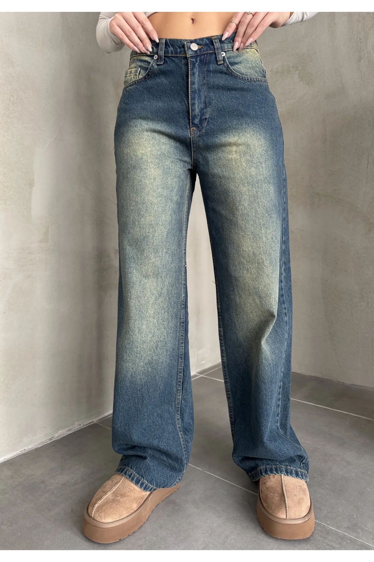 Mavi Yeşil Yıkamalı Baggy Geniş Paça Yüksek Bel Wide Leg Jean Kot Pantolon